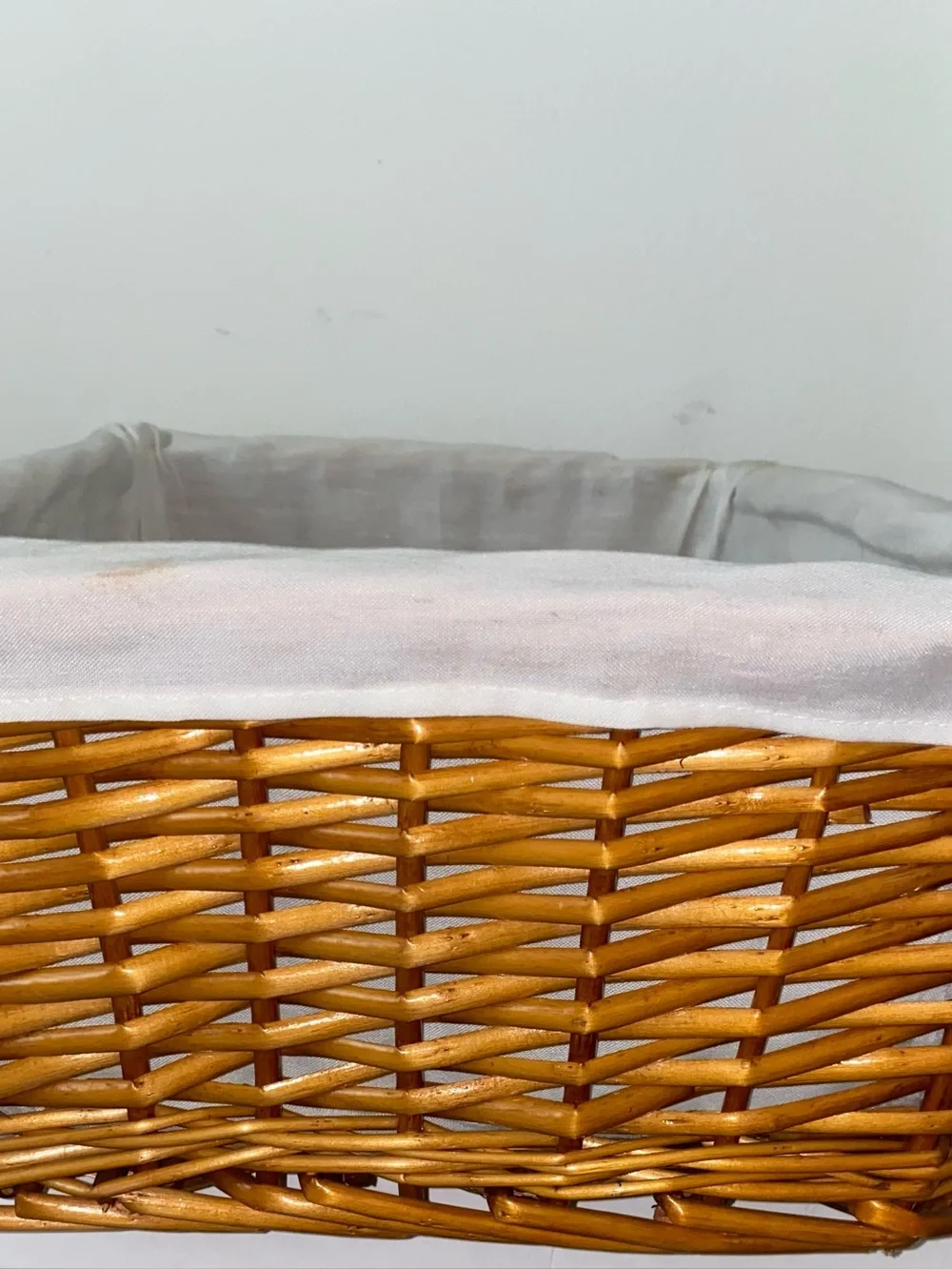 Woven Wicker Storage Basket with Cream Liner. Rectangular 15 L 12 W 8 D.